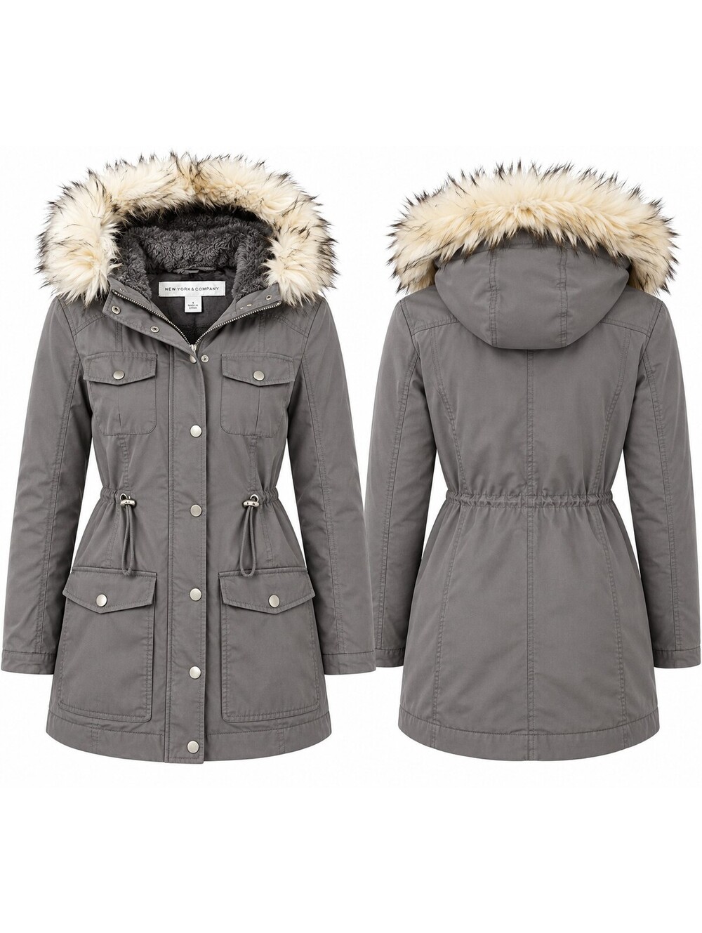 New York & Company Women's Gray Faux Fur Hooded Parka Jacket Size S